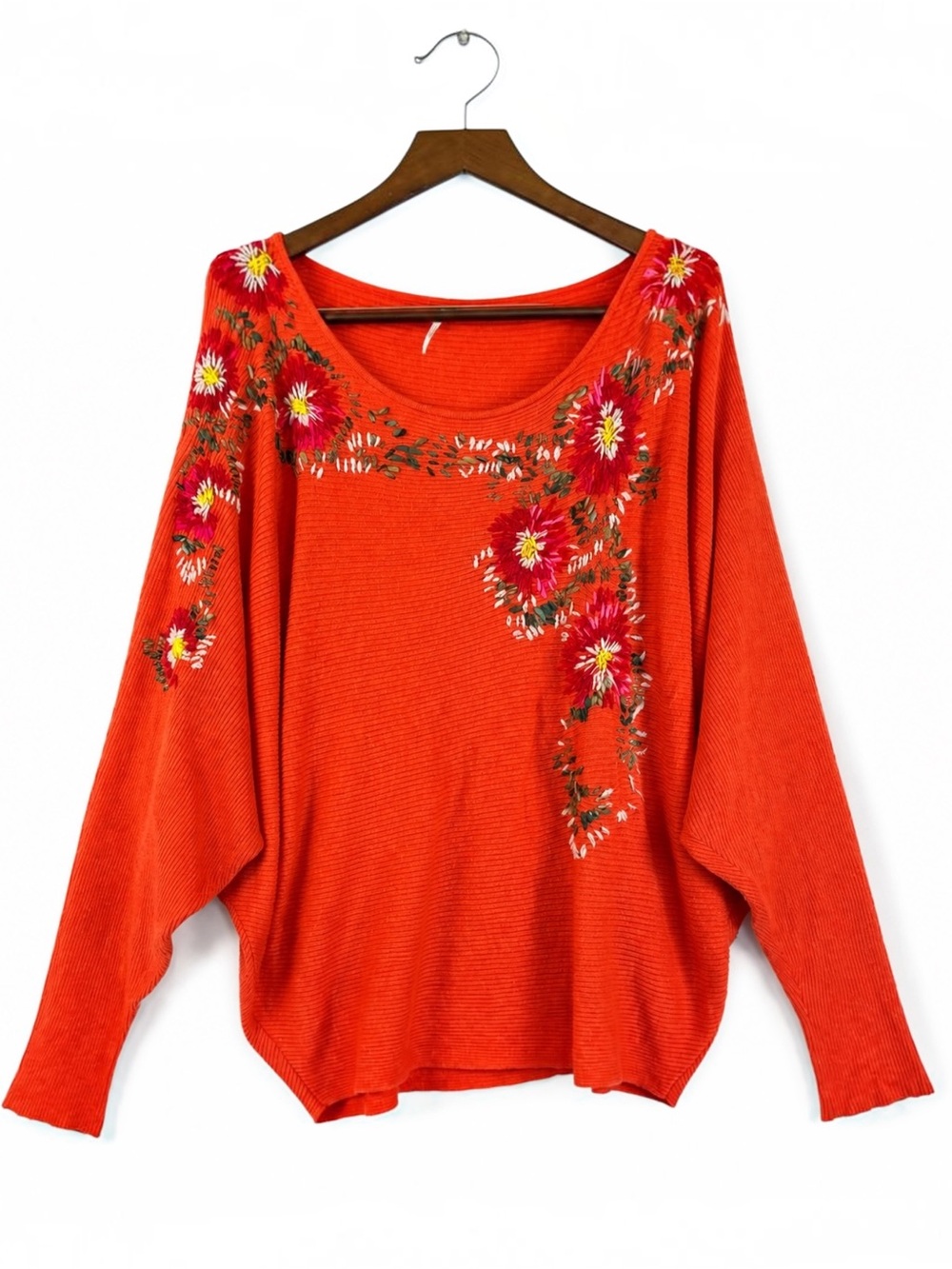 Free People S Orange Floral Embroidered Dolman Batwing Sweater